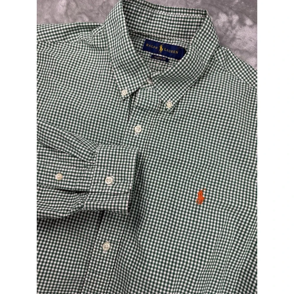 Ralph‎ Lauren Shirt Men's XL Green Checkered Classic Fit Long Sleeve 100% Cotton